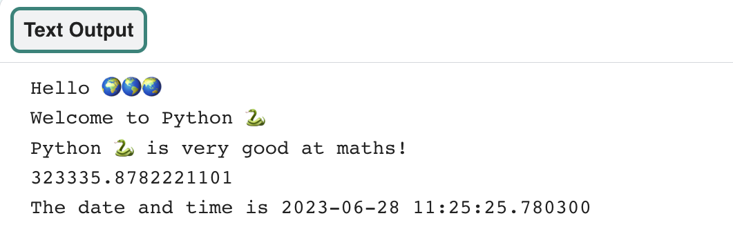 The text output area with five printed lines showing new sum and ...