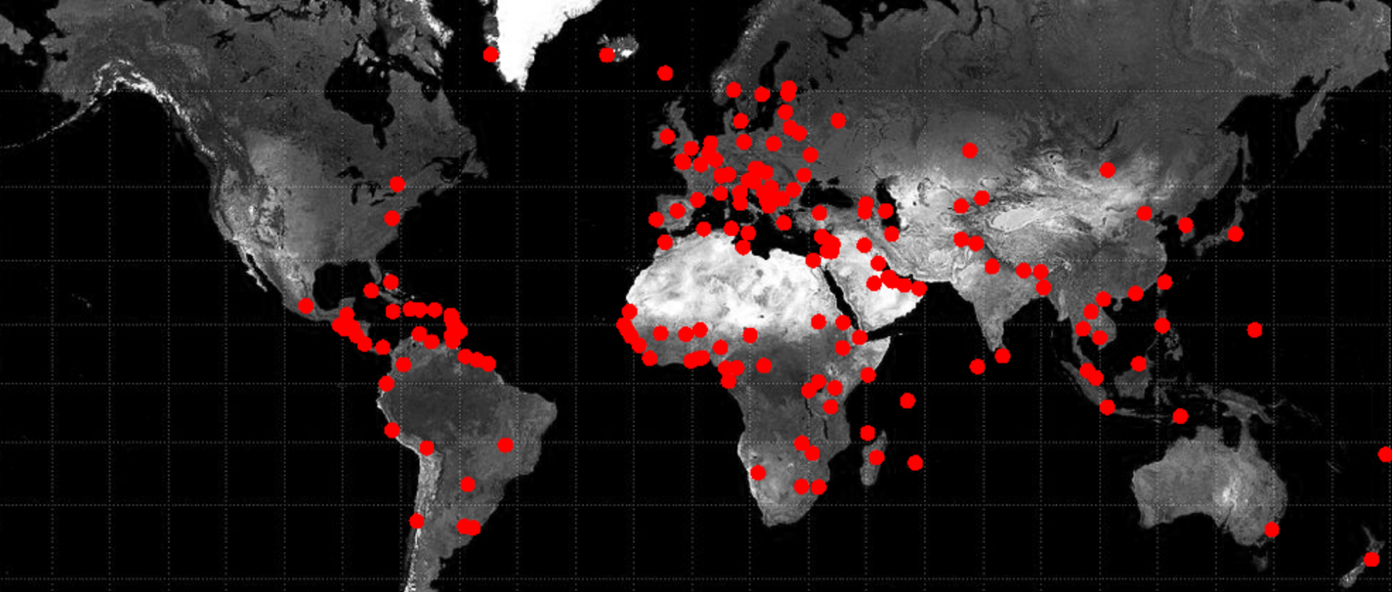 A map with many pins. Information appears in the text output for some pins.