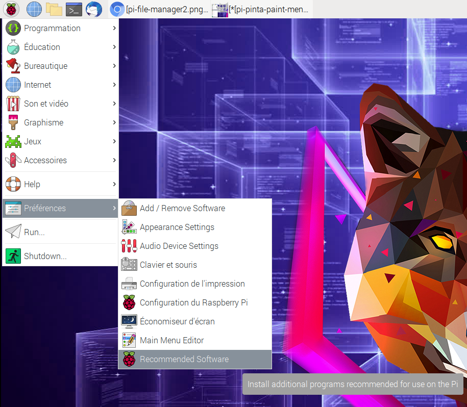 menu des logiciels recommandés