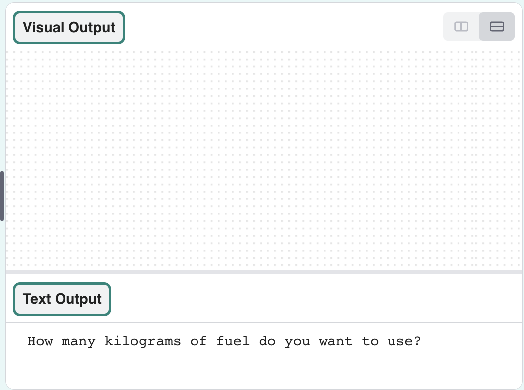 The program with a question in the output area asking how much fuel is ...